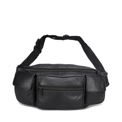 Leatherboss Genuine Leather Jumbo Fanny Pack pouch with side valcro Pockets for men women, Black