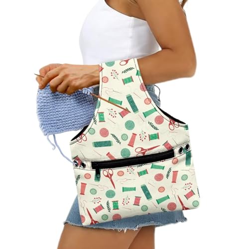 Image of KUIFORTI Yarn Bag Portable Crochet Tote Bag Small Canvas Wrist Bag for Crochet and Knitting On The Go, Cute Sewing Print Project Bag Holds Supplies and Needles or Hooks, Easy to Carry