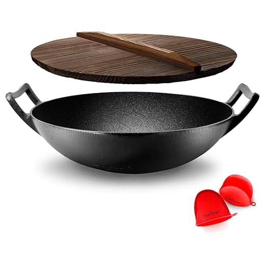 NutriChef Padella in Ghisa Pre-Stagionata da 5,5 Litri - Wok Antiaderente con Coperchio in Legno, per Piano Cottura Elettrico, Nero