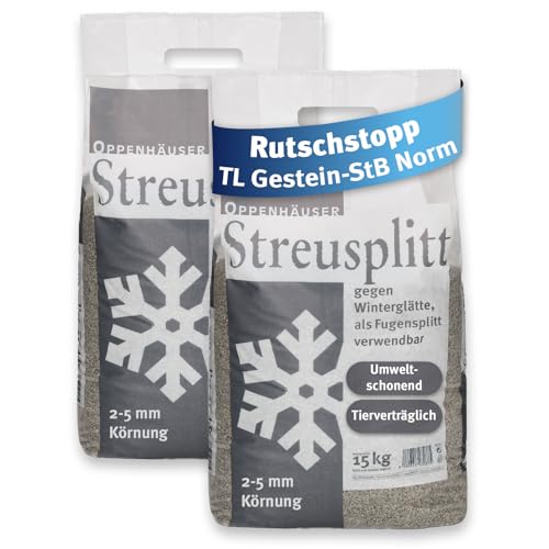OPPENHÄUSER Diabas Streusplitt 30kg 2-5mm Körnung: sofort rutschhemmend, umweltschonendes Streugranulat für sichere Straßen & Parkflächen, TL Gestein-StB Norm, Premium Qualität, 2x15kg