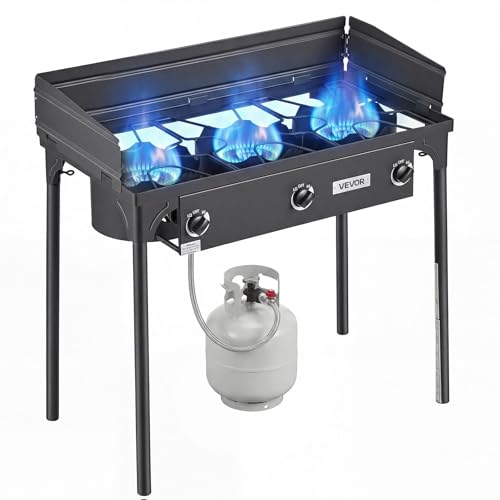 Image of VEVOR 3 Burner Outdoor Propane Gas Stove, 225,000 BTU Propane LPG Gas Camping Stove, Heavy-duty Carbon Steel Outdoor Cooker, with Shield & Tall Stand & Regulator, for BBQ Camp Home Patio Backyard