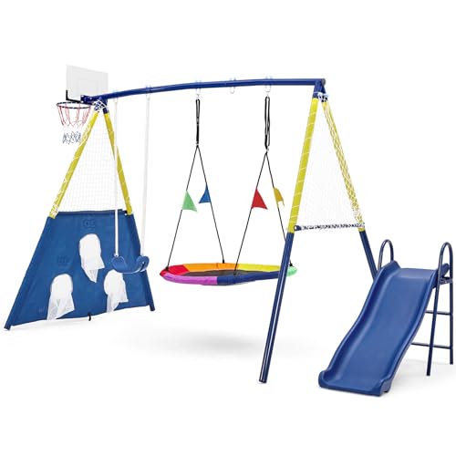 5-in-1 Kids Swing Set Heavy Duty Metal Frame Swing and Slide Set for Backyard & Garden Outdoor Play Equipment with Nest Swing seat for Boys Girls 150kg Weight Capacity Yellow & Blue