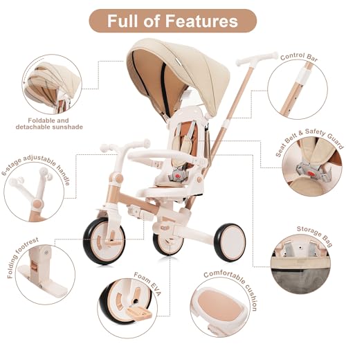 Image of 7 in 1 Baby Tricycle, Foldable Toddler Tricycle with Removable and Adjustable Parent Handle, Toddler Push Bike with Removable Pedal, Canopy, and Guardrail, Tricycle for 12-72 Months (Light Brown)