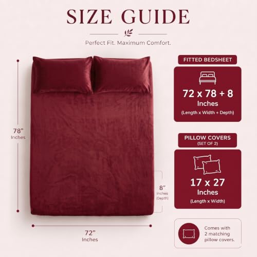 Image of BSB HOME 280 GSM Warm Plush Fitted Bedsheet, Soft Cozy Stretchable Mattress Sheet with Elastic Fitted Corners, Comfortable Winter Bedding for Double Bed, 72 x 78 + 8 Inches(183x198+20 cm) - Wine Red