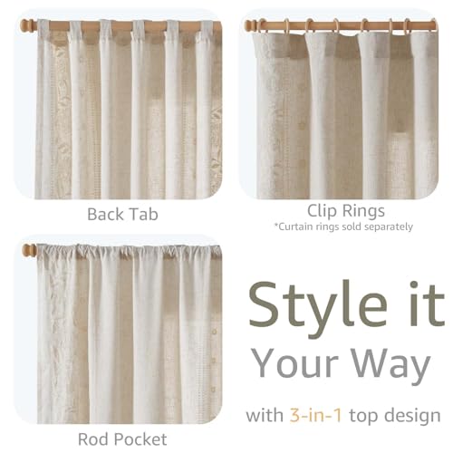 Image of jinchan Ivory Floral Linen Curtains for Living Room 108 inch Back Tab 2 Panels