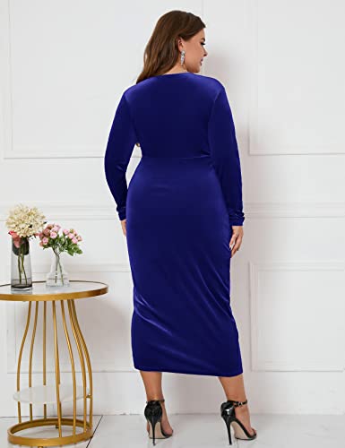 Image of ZOMVA Plus Size Velvet Wrap Dress Ruched Bodycon Dress Long Sleeves Ruffle Long Elegant Party Wedding Guest Cocktail Holiday