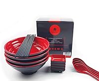 BALIBETOV Ciotole Giapponesi per Ramen Set - Include 4 Ciotola Ramen in Melamina, Bacchette, Cucchiai e Piccolo Piatti Giapponesi per Salsa - Ideale Per Zuppe Asiatica o Pho (Rosso, 4)