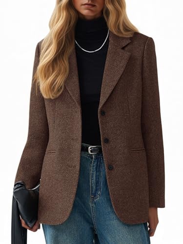 Image of Mina Self Herringbone Tweed Blazers for Women 2026 Fall Winter Womens Brown Trendy Oversized Boyfriend Business Dressy Casual Professional Work Women