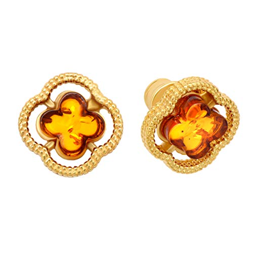 ANDANTE Premium Collection - Echter OSTSEE Bernstein Ohrstecker Ohrringe in 925 Sterling Silber 14K Gold ** Kleeblatt ** Zertifiziert - Gold des Meeres - Farbe COGNAC