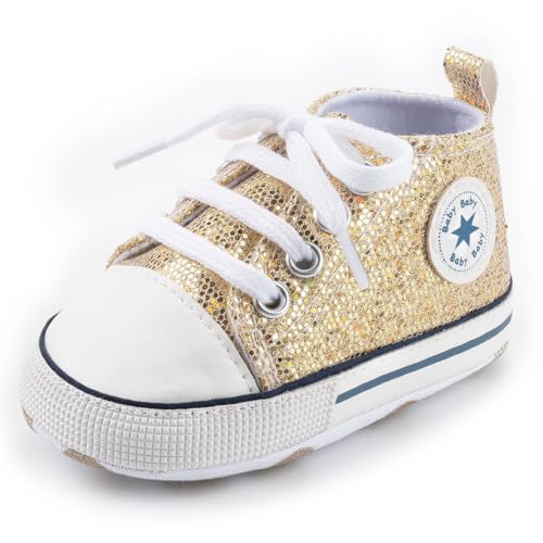 Image of xioqen Unisex Baby Boys Girls Shoes, Newborn Infant Non-Slip Canvas Denim High Top Sneakers, Toddler First Walkers Shoes