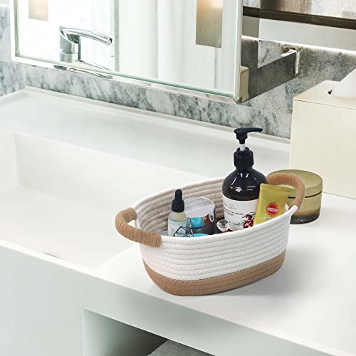 Caroeas 3-Piece Rectangle Small Cotton Rope Basket, Woven Storage Basket, Home Decor Shallow Basket For Baby, Nursery, Toy Storage, Montessori, White And Brown #TOP4