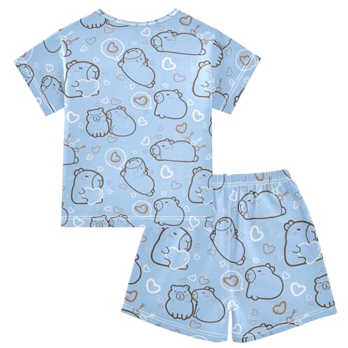 Cute Capybara with Hearts Blue Summer Cute Pajama Sets, Short Sets for Daily Wears and Sleep Wears2