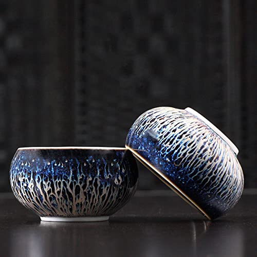 Cmengao Beautiful Jianzhan Tea Cup, 3D Silver Lotus Inlaid Ceramic Tea Cup Handmade Fancy Glaze Tenmoku Cup Chinese Kungfu Tea Cup (Blue) #TOP1