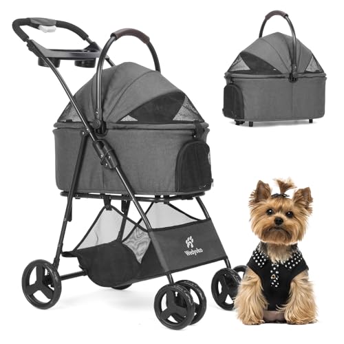 Hundewagen Hundebuggy Faltbar Travel Haustier Kinderwagen Pet Stroller mit Netzfenstern und Aufbewahrungskorb für kleine Mittele Hunde Haustiere Buggy (Dunkelgrau)