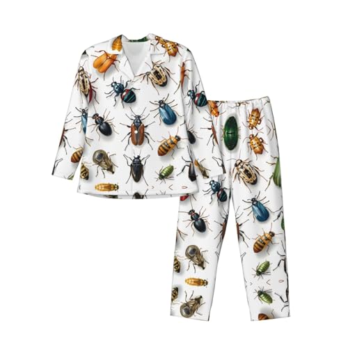 Pyjama blanc scarabée pour femme avec haut manches longues et pantalon en polyester confortable