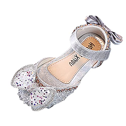 Girls' Sandals Fashion Spring and Summer Girls' Sandals Dress Dance Show Princess Shoes Flat Bottom Rhinestone Mesh Bow (Silver-1, 12 Little Child)