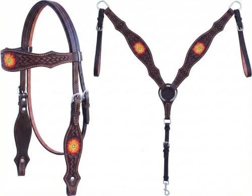 Alice International Western Premium Leather Horse Headstall & Breast Collar Set – Hand-Carved Floral Design, Leather for Horse Tack Full A01, Article No.01, Full