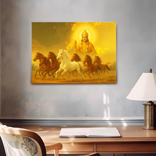 Image of Shurya Dev 7 Running Horses Canvas Wall Art Painting With Frame For Living Room Seven Horse Vastu Feng Shui Framed Painting Positive Energy Wall Art For Home, Office, (16x22 Inch)