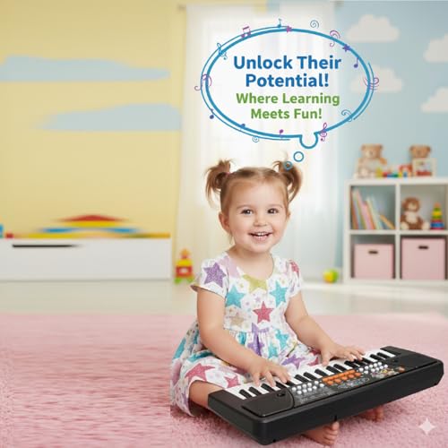 Image of Kids Piano Keyboard with Mic | 37 Keys, 8 Rhythms, 8 Tones & 6 Demo Songs | Electronic Musical Toy for Boys & Girls Age 2-5 | Educational & Recording Keyboard for Beginners - Black