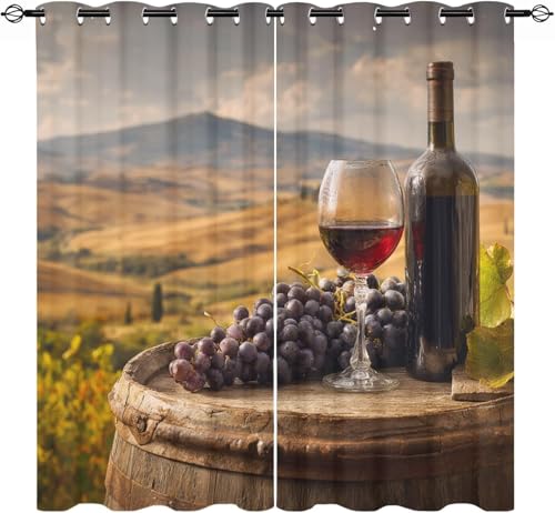 Cortinas Opacas Viñedo Cortinas Térmicas Aislantes con Ojales 2 Piezas 3D Barril de Vino añejo Cortina Blackout para Dormitorios y Salones con Ventanas de Altura Media 2X 110x215 cm A/3581
