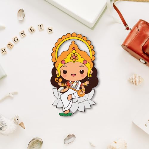Image of Bhai Please Goddess Saraswati Wooden Fridge Magnet (Pack of 1) |Hindu God, Spiritual, Divine, Devotional, Housewarming Gift and Decorations