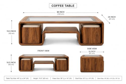 Image of Royal Furniture Decor Solid Wood Coffee Table with 4 Stools, 122x61 cm | Glass Top Surface, Built-in Lower Shelf, Upholstered Stools, Rounded Arch Design, Living Room Use