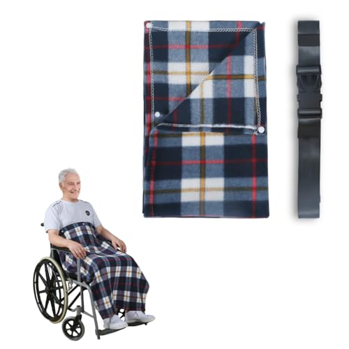EHUELDER Wheelchair Blanket with Security Straps & Snaps Stays in Place & Anti-Entanglement 5-in-1 Versatile Lap Shawl for Seniors Lightweight Breathable Flannel(Blue-Gray Plaid Blanket)