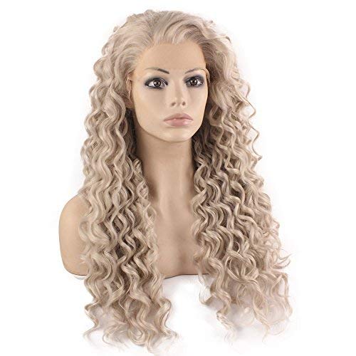 MX angel Long Heat Resistant Synthetic Hair Celebrity Silver Gray Stylish Curly Lace Front Wig