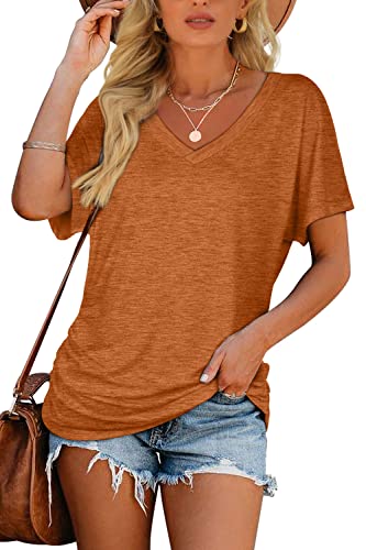 Image of WIHOLL Womens Summer T-Shirts Short Sleeve V Neck Dolman Tops with Side Shirring Loose Fit Shirts Spring Fashion