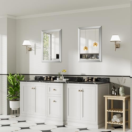 Image of 22x30 Inch Brushed Silver Bathroom Mirror for Wall, Thick Metal Framed Rectangle Mirrors for Over Sink, Bedroom, Living Room, Entryway, Anti-Rust, HD Tempered Glass