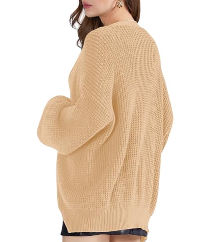 Image of QUALFORT Women's Oversized 100% Cotton Cardigan Sweater | Long Sleeve V Neck Button Down Open Front Knit Outerwear