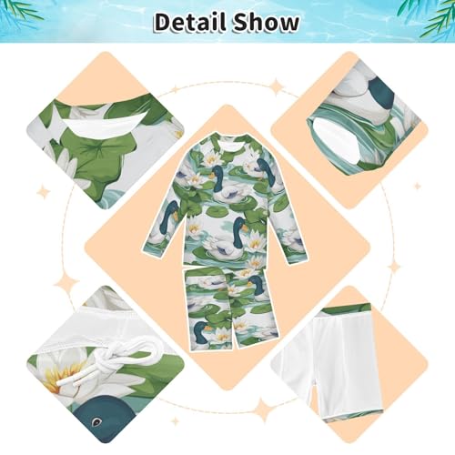 Duck Lotus Floral Boys Swimsuit Rash Guard Toddler Kids Long Sleeve Swim Shirt and Trunks Swimwear Set 3-10Y3