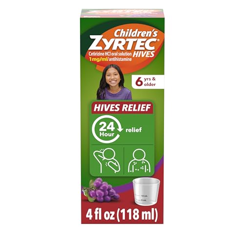 Zyrtec Childrens 24-Hour Hives Relief Medicine Cetirizine HCl Antihistamine Oral Solution Grape Flavor 5 mg/5 mL Dye-Free Sugar-Free Itch & Hive Reducer for Kids 4 fl oz Bottle