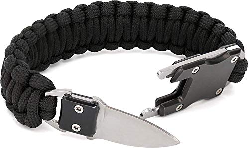 Paracord Woven Bracelet-10.6 in with Stainless Steel Knife Blade & Durable Cord. Self Defense Gear & Survival Kit for Hiking, Camping. Useful Handy Tool in Daily Life. (Black)