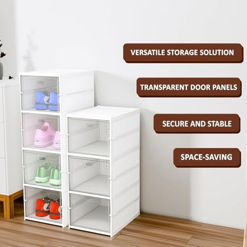 Image of Qshare Sneaker Shoe Rack Box llapsible Shoe Organiser With Door-Foldable Sneaker Crates Footwear Organiser For Men, Women, Heels, Boots, Loafers, Sneakers, Slippers - Plastic (White, 3)