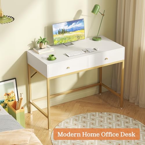 Image of SUPERJARE 31.5 inch White and Gold Desk with 2 Drawers, Modern Vanity Desk