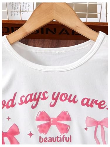 Girl's Bow Shirt Cute Graphic Tees Letter Print Short Sleeve Crew Neck Summer T Shirt3