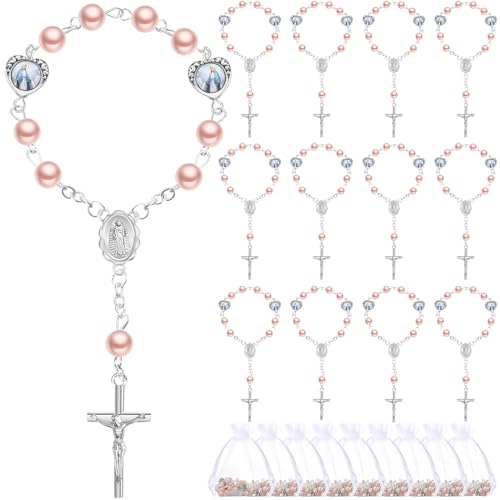Misdary 30 conjuntos de mini rosário com sacos de organza pérolas falsas lembrancinhas de batismo pa