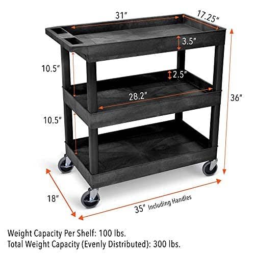 Tubstr-3-Tier-Rolling-Utility-Cart-2-Pack-Each-Supports-up-to-300-lbs-Heavy-Duty-Shelf-Cart-for-Garage-Storage-Office-Spaces-Kitchen-Use-Durable-Tool-Cart-with-Locking-Wheels-Black-32-x-18