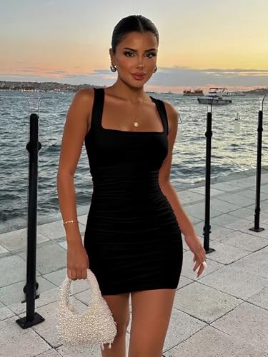 BORIFLORS Women's Sexy Bodycon Corset Mini Dresses Square Neck Ruched Sleeveless Club Party Short Dress3
