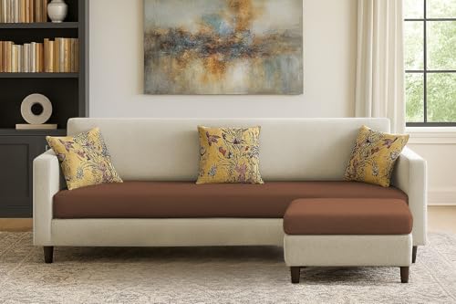 Image of Casaliving Premium Lifestyle Fabric 5 Seater L Shape Sofa Set 4 Seater Modern Sofa Set & Ottoman for Living Room (Cream Brown Color)