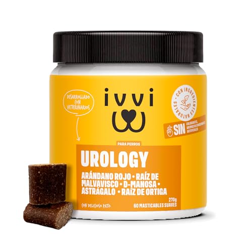 ivvi Urology - Snacks para apoyar la Salud urinaria y renal de los Perros. Contiene malvavisco, arándano, D-mannosa, Vitamina C, Regaliz, astrágalo y ortiga. 60 Snacks (270g) con 30% de Pato