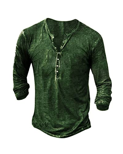 Mens Henley Shirts Vintage V Neck Long Sleeve Shirts Cotton Casual Button Down Washed T Shirts for Men Deep Forest