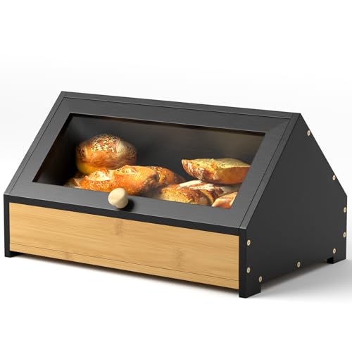 Gredak Bamboo Bread Box and Bread Storage, Corner Bread Box for Kitchen Countertop, Large Durable Black Single Layer Bamboo Breadbox