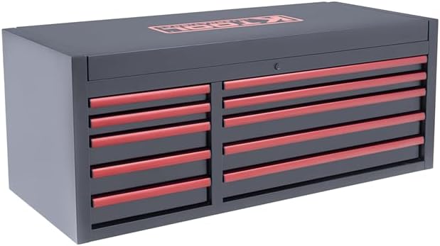 K Tool International 75134 55" Service Tool Chest for Garages, Repair Shops and DIY, (10) Drawer, Anodized Aluminum Drawer Pulls, Double Bay, Integrated UL Power Strip, Fully Assembled, Black/Red