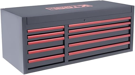 K Tool International 75134 55 Service Tool Chest for Garages, Repair Shops and DIY, (10) Drawer, Anodized Aluminum Drawer Pulls, Double Bay, Integrated UL Power Strip, Fully Assembled, Black/Red
