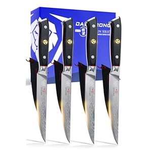 DALSTRONG Steak Knives Set – 5 inch – Shogun Series ELITE – Damascus – Japanese AUS-10V Super Steel – 4 Piece – Razor Sharp Fillet Knives – Table Set – Razor Sharp Kitchen Knife Set – Sheaths Included