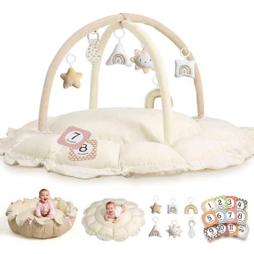 Image of Little Dove 5-in-1 Convertible Baby Play Gym with 6 Toys, Tummy Time Mat for Sensory Development, Baby Activity Center for Newborn & Toddler, Ball Pit, Soft Pet Mat, No Ball Included Cream