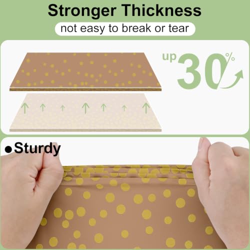 Image of Smiry Plastic Table Cloth Disposable 3 Pack, 54 x 108 Inch Rectangle Waterproof Tablecloth, Printed Gold Table Runner Style for Birthday Weeding, Party Decorations, Leakproof & Sturdy, Gold and Camel