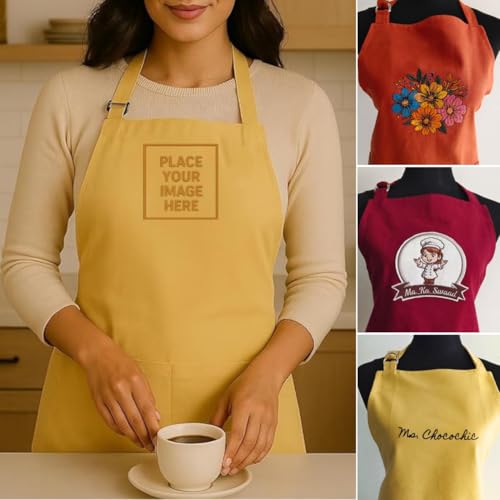 Image of Personalized Custom Apron - 100% Cotton, Adjustable Neck strap, Large Pocket - Unisex Apron for Men & Women - Cooking, Baking, BBQ, Customizable